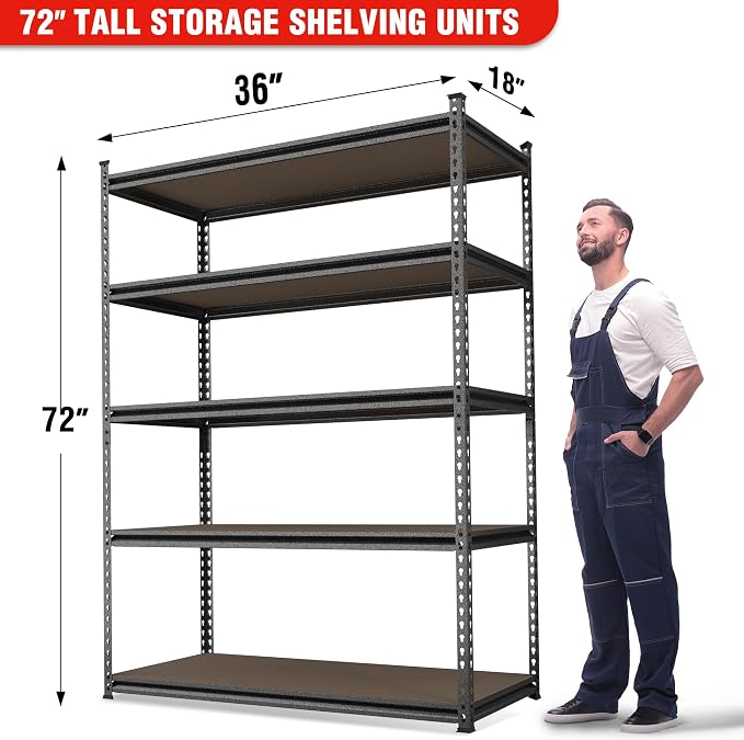 WORKPRO 5-Tier Metal Storage Shelving Unit, 36”W x 18”D x 72”H, Adjustable Storage Rack Heavy Duty Shelf with Particle Board, 4000 lbs Load Capacity (Total) for Garage Warehouse, Black/Silver - Image 3