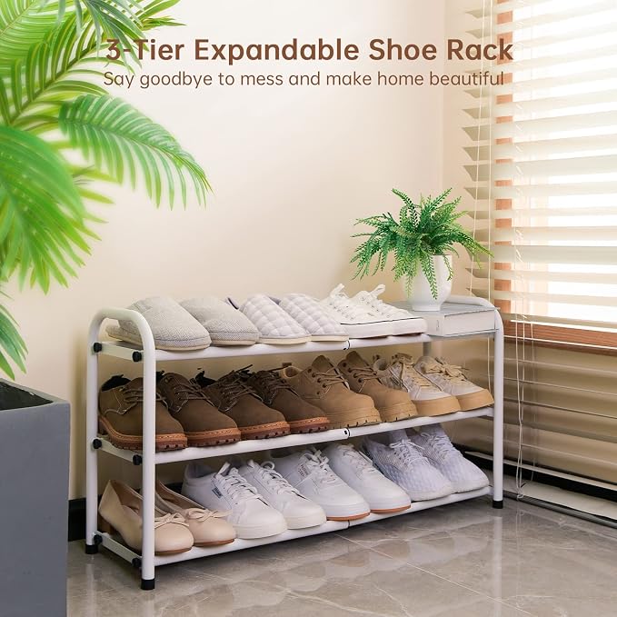 Gonfoam 3-Tier Expandable Shoe Rack,Adjustable Shoe Shelf Storage Organizer Heavy Duty Metal Free Standing Shoe Rack for Entryway Closet Doorway (White) - Image 3