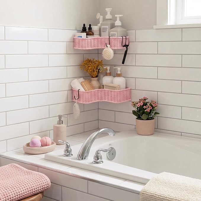 GRANNY SAYS 2 Pack Wicker Corner Shower Caddy Hanging, Shower Shelf for Inside Showers, Adhesive Shelves for Bathroom Organizers and Storage, Bathroom Shelves Wall Mounted with 4 Hooks for Decor, Pink - Image 6