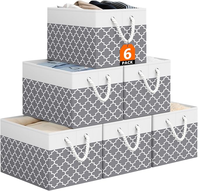StorageTastic Storage Bin,Collapsible Storage Basket For Organizing,Large Storage Boxes With Rope Handles,Storage Containers,Clover Grey,6 Pack by StorageTastic