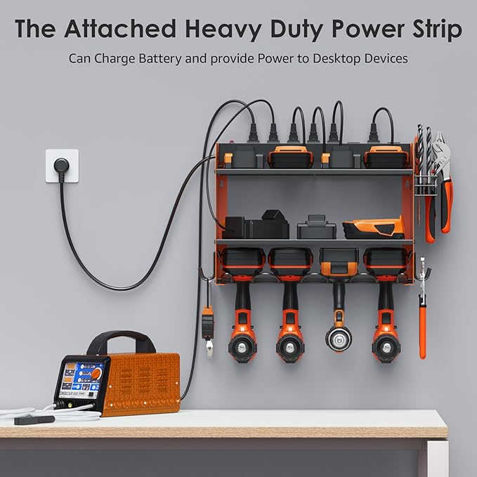 CCCEI Modular Power Tool Organizer Wall Mount with Charging Station. Garage Drill Storage Shelf with Hooks, Heavy Duty Rack, Tool Battery Holder Built in 8 Outlet. Gift for Men. Orange, 1 Pack. - Image 3