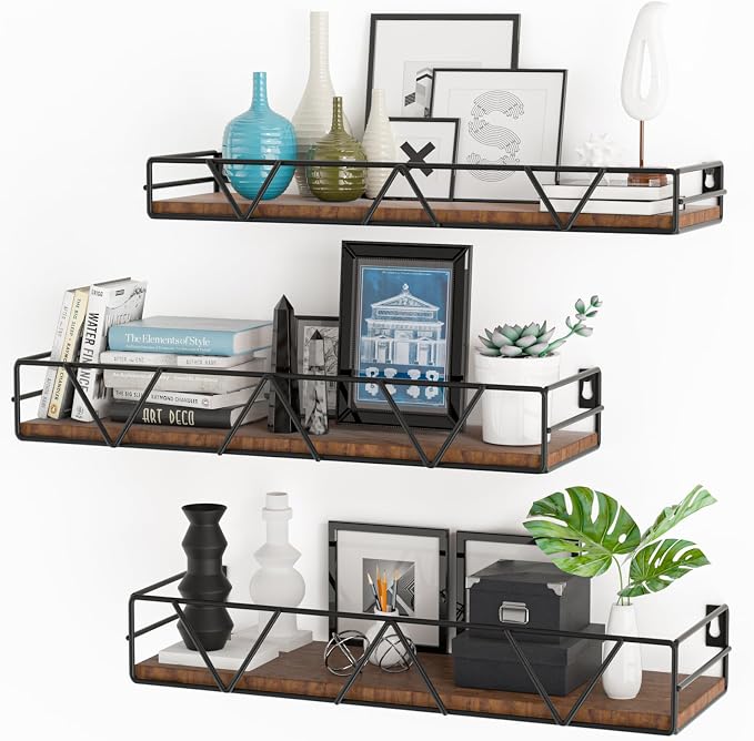 Amaoot Floating Shelves Set of 3, Home Wood Wall Shelf, Farmhouse Shelf for Bedroom, Wall Mounted Floating Shelf for Living Room, Bedroom, Bathroom, Kitchen, Office (Black) by Amoot