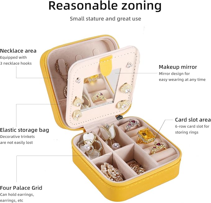 KElofoN Travel jewelry case Travel jewelry box Travel Jewelry Organizer Small Jewelry Organizer Box Gift for Girls Women with Mirror (Yellow) - Image 3