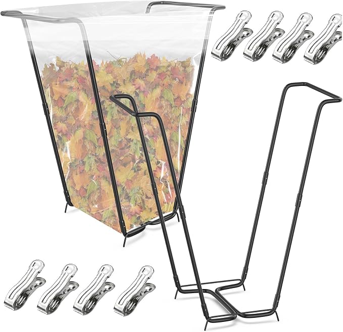 2PCS Outdoor Trash Bag Holder Metal Garden Trash Bag Holder for Yard Waste Stand Holds 30-45 Gallons Leaf Bag Holder with 4 Clips for Leaves Camping Lawn Party Weeding Yard Gardening（2pcs+8clips） by Loyala