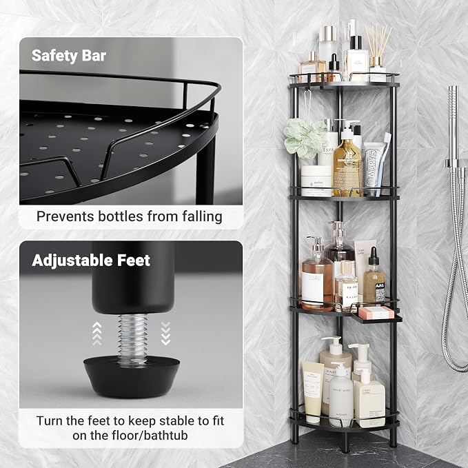 ELYKEN Corner Shower Caddy Standing, 4 Tier Rustproof Metal Shower Organizer with Soap Holder, Floor Shower Corner Shelf Rack Storage Stands with Adjustable Feet & 2 Hooks for Bathroom, Black - Image 4