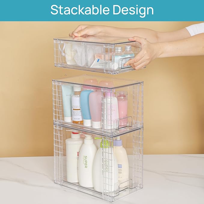 Vtopmart 3 Pack Clear Stackable Storage Drawers,Easy to Assemble Bathroom Organizers and Storage with handles,Plastic Drawers for Kitchen Pantry,Cabinet,Under Sink Organization - Image 8