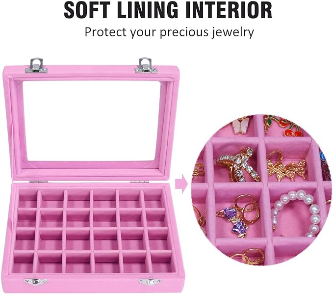 Vicoter Velvet Jewelry Box 24 Grid Jewelry Ring Display Organiser Box Tray Holder Earrings Storage Case for Girls Wife Mom Women (Pink) - Image 3