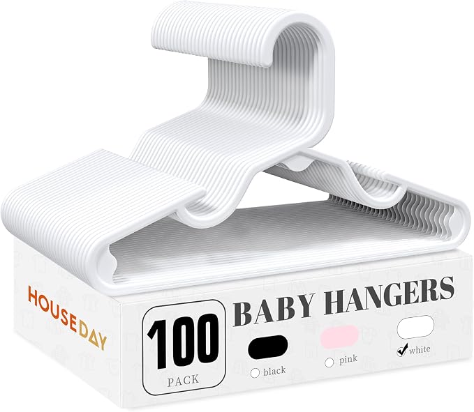HOUSE DAY Baby Hangers 100 Pack - Durable Plastic Infant & Kids Clothes Hangers, Thin Compact Space-Saving Design for Nursery/Children's Closet, Toddler Small Hangers White (Infant/Baby/Toddler/Kids) by HOUSEDAY