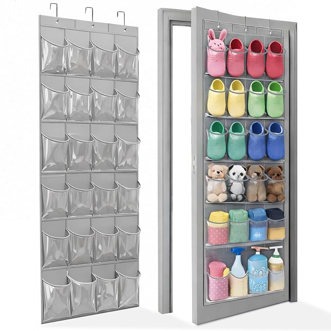 Over The Door Shoe Organizer - Space Saving Shoe Rack for Closet Door with 24 Crystal Clear Pockets and Metal Hooks, Shoe Holder Back of Door Organizers for Shoes, Gray Hanging Shoe Organizer (Gray) by Bofoho