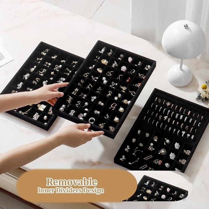 Large Velvet Jewelry Tray 2 Pack Stackable Jewelry Display Drawer Inserts Trays Organizer for Earring Bracelet Necklace Ring (Black, 48 Grids) - Image 3