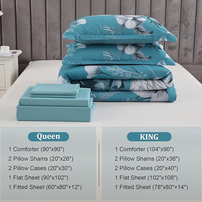 Luxudecor Floral Comforter Set Queen Size 7 Piece, Teal Blue Flower Bed in a Bag, Elegant Comforter Bedding Set for All Season (Teal Blue, 90"x90")