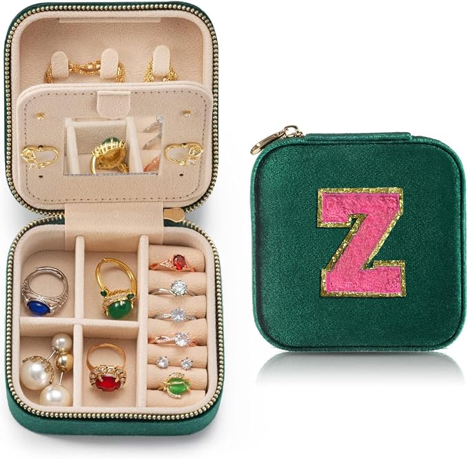 Personalized Velvet Travel Jewelry Case Box For Women Ring Necklace Earring Holder Organizer with Mirror Green Girls Box Birthday Gifts Mom Initial Z by HKDSGF