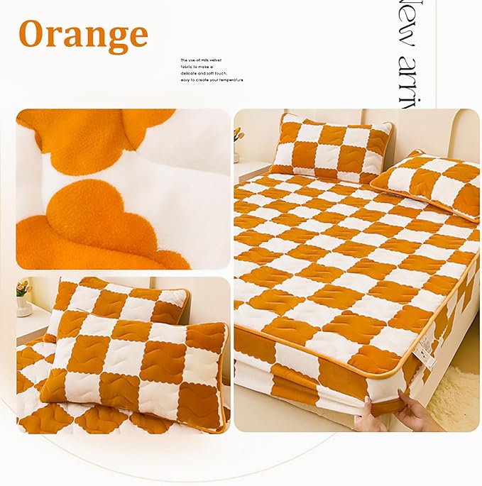 Velvet Fitted Sheet, Soft Velvet Fleece Bed Sheet Mattress Protector Cover with 12'' Deep Pocket Breathable Mattress Pad Cover, Elastic Fitted Mattress Topper(Full-47x79inch, Orange)