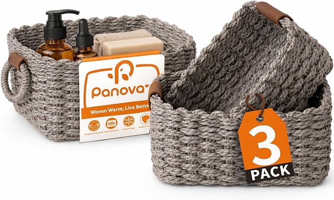 Storage Basket, Recycled Paper Rope Bathroom Basket Organizer, 3Pcs Small Baskets for Organizing, Mini wicker Basket for Decorative Storage Bins, Shelves, Bathroom, Cabinet - Grey by Panovox