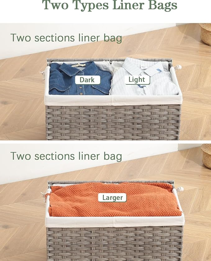 SETVSON Storage Basket with Lid Wicker Baskets for Storage with 2 Separate Lid 42.3 Gallon (160 L) 29.9 x 17.3 x 18.1 Inches Rattan Woven Large Wicker Basket with 2 Liners for Bedroom Laundry Gray - Image 5