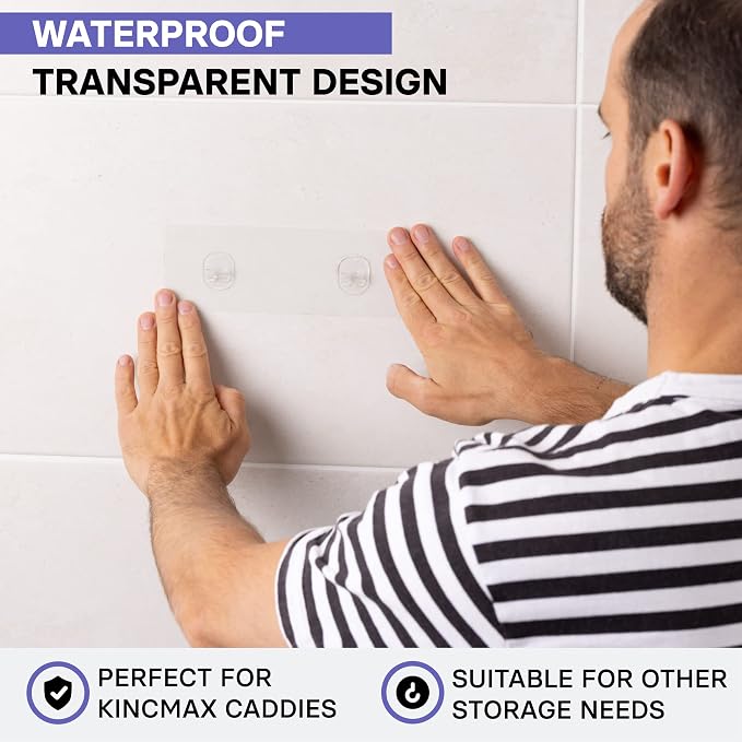 KINCMAX 2 Packs Strong Sticky Waterproof Heavy-duty Wall Adhesives Nail Free Transparent Adhesive Pad No-trace Wall Stick Adhesives Hook Strip for Shower Caddy, Kitchen Racks, Bathroom Storage Shelves - Image 2