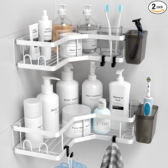 AKTECKE Shower Caddy Corner Organizer Shelf: 2Pack Adhesive Shower Essentials Accessories - No-Drilling Stainless Steel Bathroom Storage Rack with Hooks and Toothpaste Holder by AKTECKE