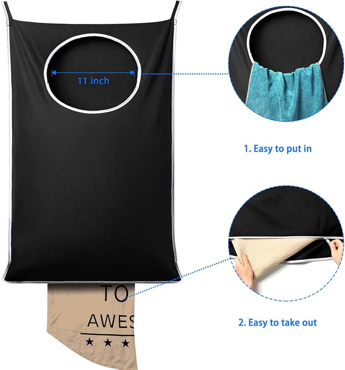 ANSTROUT XL Hanging Laundry Hamper Bags, Door Laundry Hamper with 2 Types of Hooks for Dirty Clothes, Save Bathroom Space Size:36.5x 22 Inch Hanging Laundry Storage Bag (Black) - Image 5