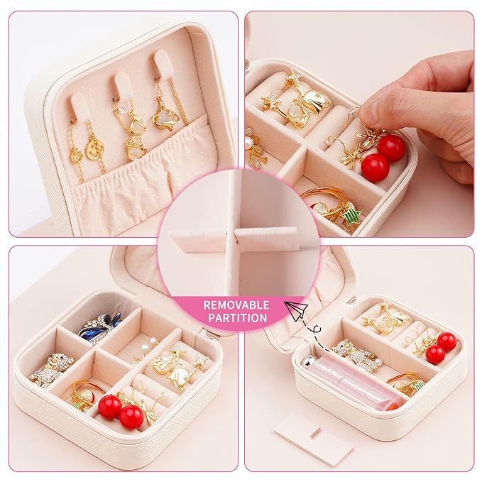 Neveika Portable Travel Mini Jewelry Box Leather Jewellery Ring Organizer Case Storage Gift Box Girls Women (white). - Image 5