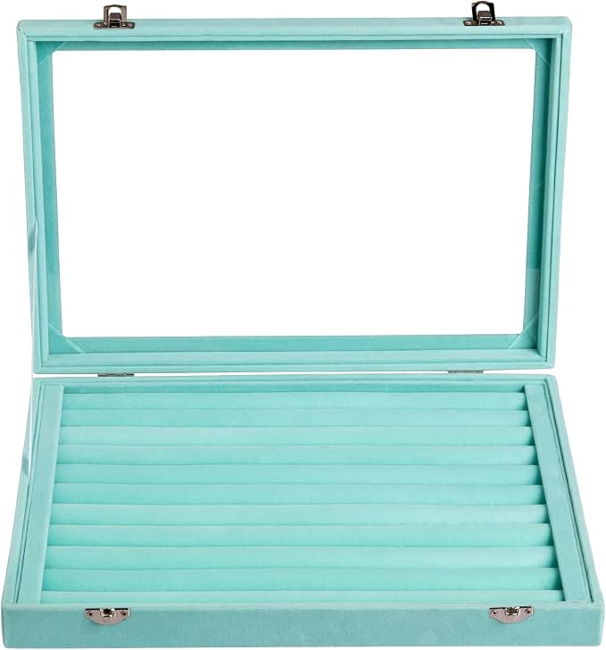 Frebeauty Rings/Earrings Organizer Tray with Clear Lid 10 Slots Velvet Drawer Insert Jewelry Storage box Transparent Glass lid Jewelry Display Case Showcase Gift for Girls Women (Turquoise, 10 Slots) - Image 4