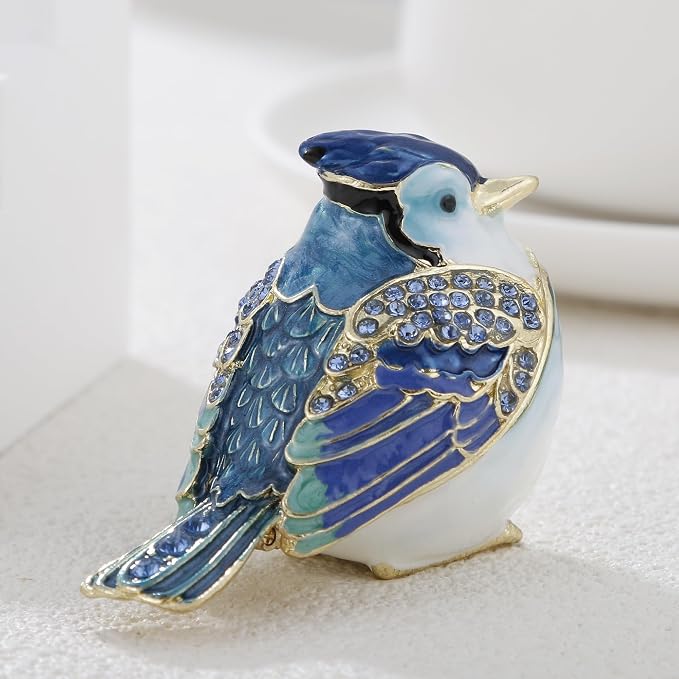 Hand Painted Enamel Blue Jay Trinket Box for Home Decor, Hinged Jewelry Organizer for Ring Earrings, Unique Figurine Keepsake Collectible Personalized Elegant Handmade Ornament Gifts (Blue Jay) - Image 5