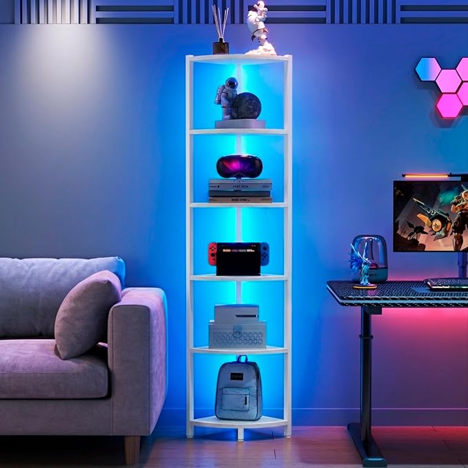 Corner Shelf with LED Lights, 6-Tier Corner Bookshelf, 66'' Organizer Book Shelf Shelves Steel Frame Display Stand with Living Room, Bedroom, Study, White by Buildyourperfectlife