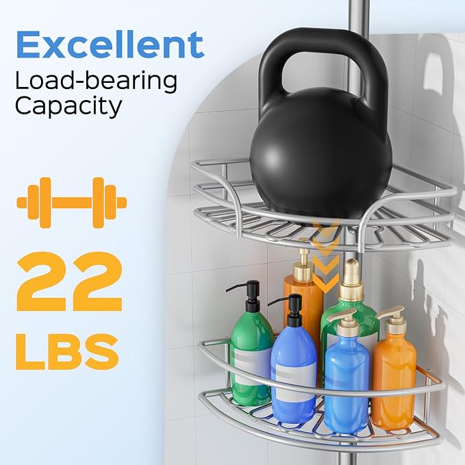 HAMITOR Shower Caddy Corner Tension Pole: 4-Tier Large Capacity Bathroom Organizer Shelves - Waterproof No-Drill Adjustable 47-123 inch Storage for Renters, Home Bathtub Stand Rack, Silver Gray - Image 4