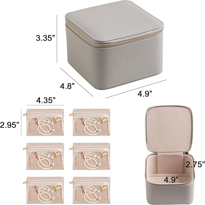 Frebeauty Small Travel Jewelry Box,Travel Jewelry Case with 6 Pouch Bags,Portable Travel Jewelry Organizer,Mini Jewelry Storage,3.35 x 4.9 x 4.8 Inches,Gift Idea for Women Girls (Grey) - Image 3