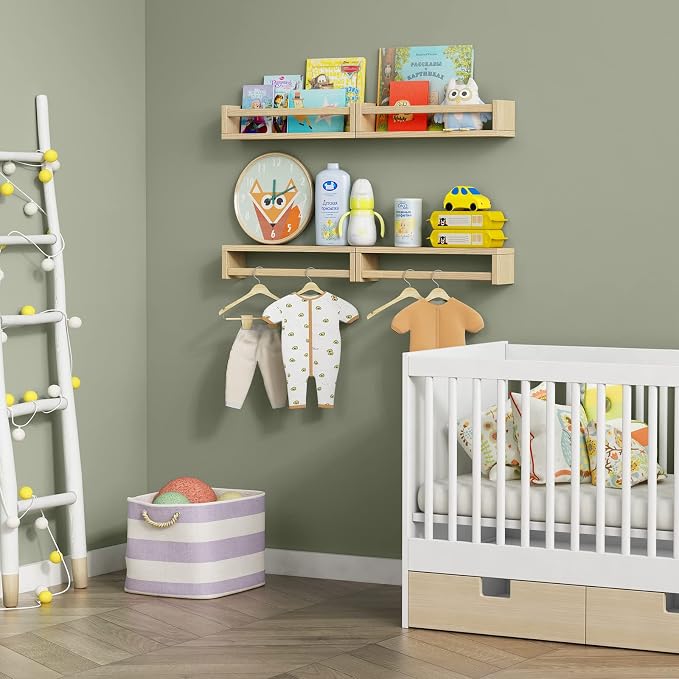 Forbena Natural Wood Nursery Book Shelves Wall Mounted, Floating Bookshelf for Kids Room, Toys and Books Storage Organizer Bookshelves for Toddler Child Bedroom Bathroom (4 Pack Natural Wood) - Image 4