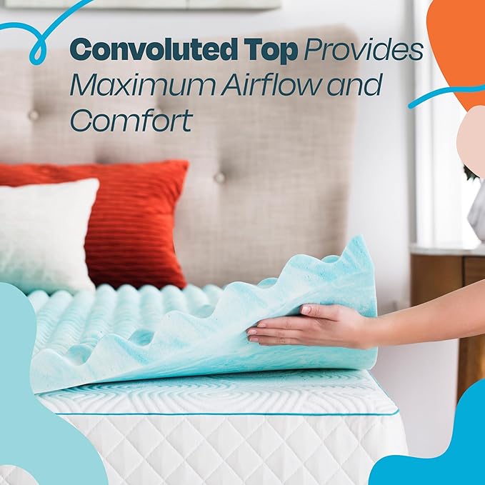 Linenspa 3 Inch Gel Memory Foam Mattress Topper – Egg Crate Style, Reversible for two feels – Promotes Airflow & Relieves Pressure Points – Queen