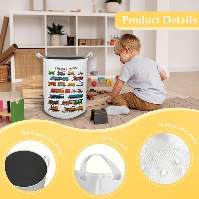 Steam Train Kids Laundry Basket, Toybox for Boys Room, Train Lover Enthusiast Gifts Laundry Basket Hamper Waterproof Collapsible Clothes Toys Storage Bin Organizer for Bedroom Bathroom Kids Room - Image 6