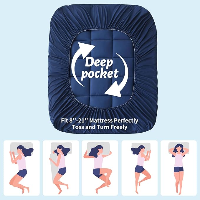 Thick Mattress Topper with Deep Pocket, Extra Pillow Top Mattress Pad, Breathable & Cooling Mattress Cover, Fits 8-21 Inch, Soft Support for Back Pain Relief, Mattress Protector (King, Navy Blue)