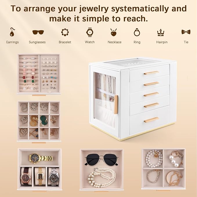 Homeanda Jewelry Box for Women with Glass Lid, 5 Drawers Jewelry Organizer and Storage for Necklaces, Rings, Earrings, Bracelets, Gift for Girls and Teens,PU Leather (White) - Image 4