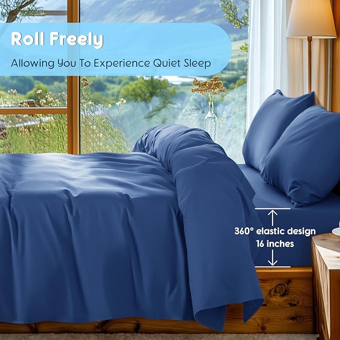 SONORO KATE 100% Egyptian Cotton Sheets Set - 1000 High Thread Count, Luxury 5-Star Hotel Sateen Bed Sheets, Soft, Breathable Long Staple Sheets, Fit up to 16" - 4 PC (Navy Blue,Queen)