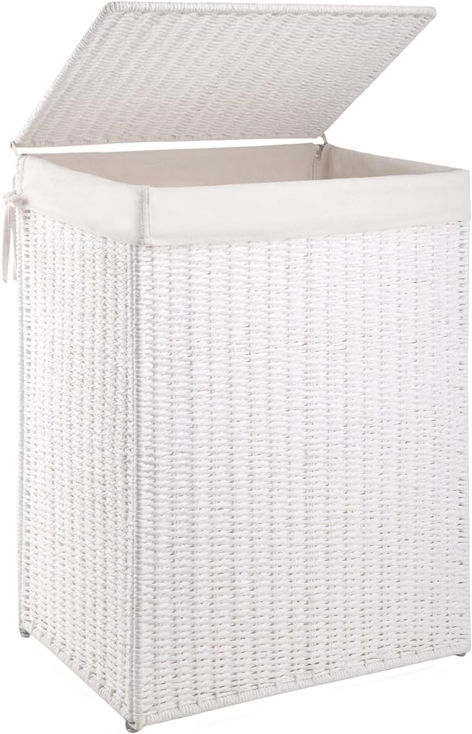 OIAHOMY Laundry Hamper with Lid, 90L(23.8 Gal) Large Wicker Laundry Basket for Bedroom, Handwoven Paper Rope Clothes Hamper with Washable Liner & Metal Frame, Decorative Organizer for Bathroom White by MasterofSpaceOptimization