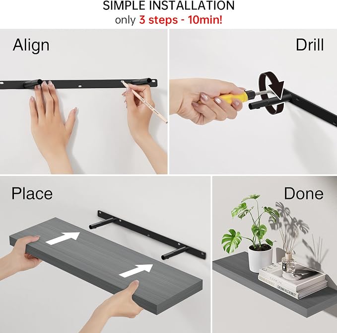 BAYKA Grey Floating Shelves for Wall 22.5 inch, Wall Mounted Shelf for Bedroom, Living Room, Kitchen – Wood with Hidden Metal Brackets, 22LBS Capacity, 6.7” Deep – Storage for Books, Plants, Decor - Image 5