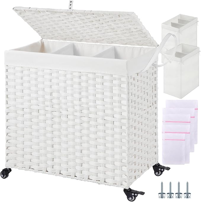 Greenstell Laundry Hamper with Wheels&Lid,130L Large 3 Sections Clothes Hamper with 2 Types Removable Liner Bags, 5 Mesh Laundry Bags, Handwoven Divided Laundry Basket White by Greenstell