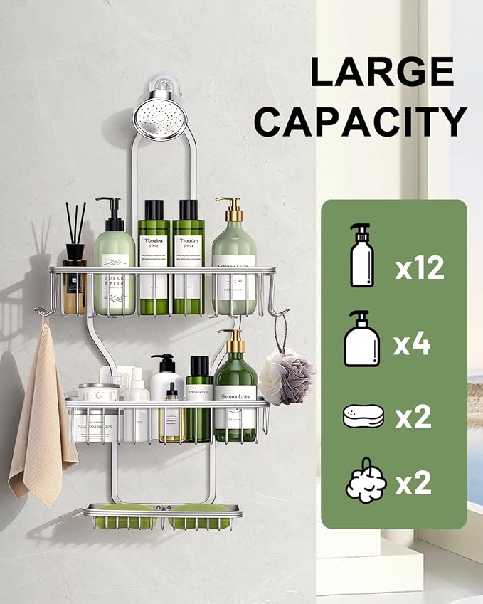 Shower Caddy Hanging - Never Rust Shower Hanging Organizer - Aluminum Over the ShowerHead Caddy with Soap Basket and 6 Hooks for Razor/Sponge (Frosted Silver) - Image 7