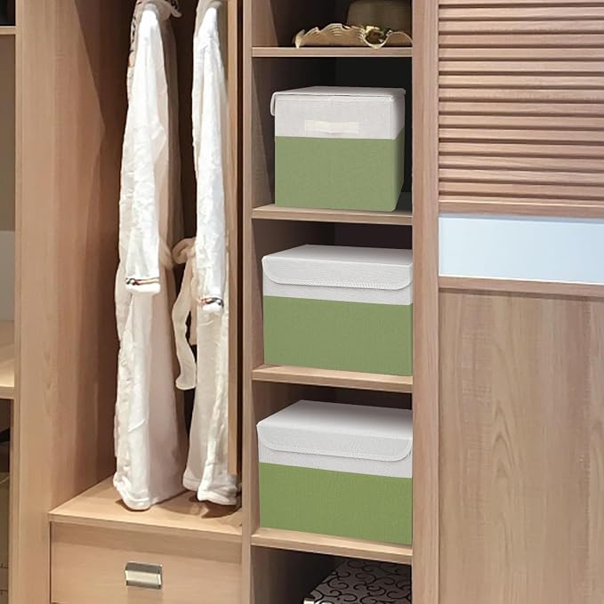 Large 17" 42 Quarts Collapsible Stackable Storage Bins with Lids [3-Pack] Foldable Fabric Linen Storage Boxes Cube, Closet Organizer Baskets with Label for Home (16.7 x 12 x 12", Green & White) - Image 6
