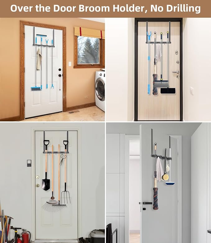 Broom Holder Over The Door-304 Stainless Steel Mop and Broom Holder Wall Mounted or Hanging Over The Door with Hooks - Broom Hanger, Tool Organizer for Garage Closet Laundry Kitchen-Space grey - Image 6