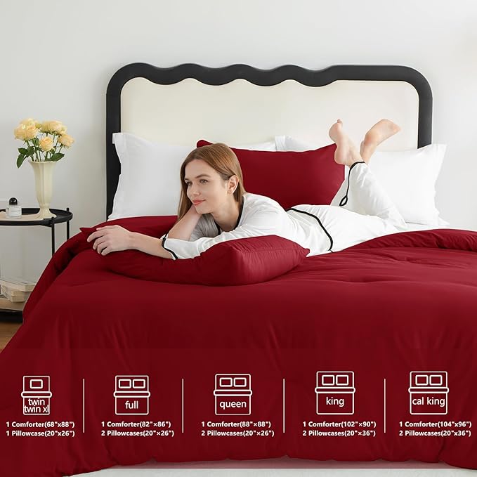 CozyLux Queen Comforter Set Dark Red, 3 Pieces Solid Comforters Queen Size Breathable Quilted Bedding Sets, Luxury Soft Lightweight Bed Set with Down Alternative Comforter and 2 Pillowcases All Season