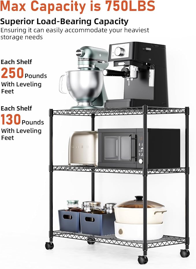 Simple Deluxe Shelving Unit - 3 Tier Shelf for Garage Storage, Black, 24.02" W x 13.78" D x 29.92" H, 750 Lbs Capacity, Adjustable Shelves, Leveling Feet, Caster Wheels for Easy Mobility,Black - Image 4