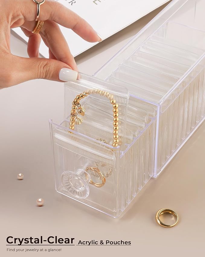 HOMEHIVE Clear Acrylic Jewelry Organizer Box with 20 Portable Pouches, Jewelry Storage Case for Women Girls, Tangle-Free, Anti-Tarnish, Compact Storage for Necklaces/Earrings/Rings, Upgraded Clear - Image 5