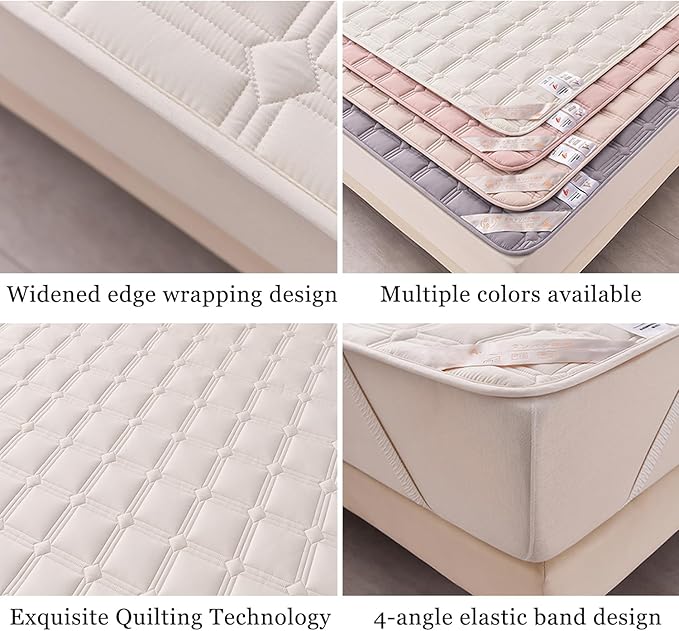 Queen Mattress Protector Cover with Elastic Straps - Thin Foldable Quilted Cover Pad for Student Dormitory - Soft & Comfortable, Breathable Cool Mat - Machine Washable