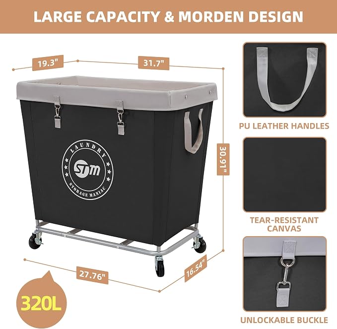 STORAGE MANIAC Commercial Laundry Hamper with Heavy Duty Steel Frame, 320 L Industrial Laundry Basket Cart with Wheels for Hotel, Home, Laundry Room, 31.7''L x 19.3''W x 30.91''H, Large Black - Image 5