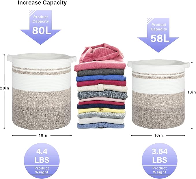 OIAHOMY 58L Laundry Baskets-Laundry Hamper, Storage Basket with Handles, Decorative Basket for Living room, Woven Storage Basket for Toys Bin, Pillows, Blankets, Clothes-18x16in-Gradient Brown - Image 3