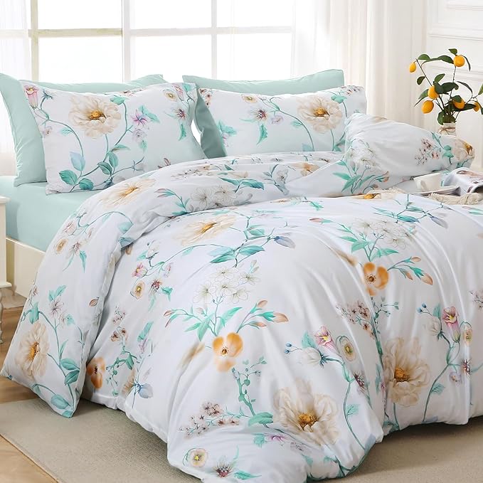 MUXHOMO Green Branch Bed in a Bag Queen 7 Pieces, Queen Comforter Set Reversible Botanical Flowers Design, Ultra Soft & Breathable Bedding Sets with Comforter, Sheets, Pillowcases & Shams