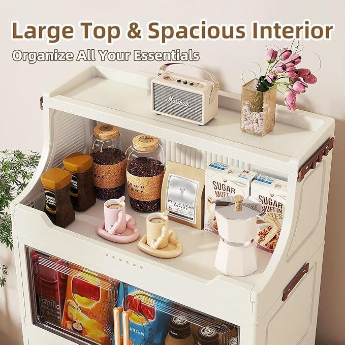 217QT Stackable Storage Bins with Lids & Rack, 5 Tier Large Capacity Foldable Storage Cabinet, Clear Collapsible Pantry Organizer for Home, Kitchen, Bathroom, Dorm, Office, Clear