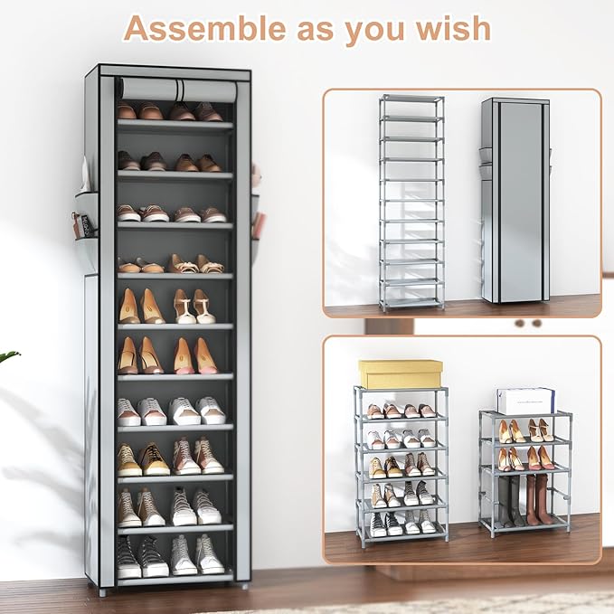 VTRIN Vertical Narrow Shoe Rack Organizer Tall Shoe Rack for Closet Entryway 10 Tier Non-Woven Cover Shoe Shelf Holds 20-22 Pairs Free Standing Shoe Storage Cabinet with Dustproof Cover, Grey - Image 5