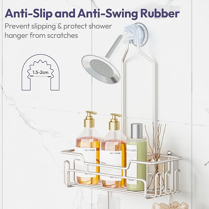 SWTYMIKI Bathroom Shower Caddy Hanging - Extended Length 2 Tier Rustproof Over Shower Head Organizer, No Drilling Bathroom Shelf with 14 Hooks & Soap Holder, Anti-Swing Rack, Sand Nickel - Image 4